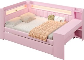 Sofa dziecięca rozkładana - 140 x 200 cm - z łóżkiem wysuwanym 90 x 190 cm + z oświetleniem LED + biurko + schowek - płyta MDF + len - różowa