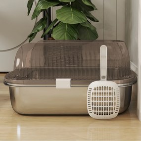 PawHut Kuweta ze stali nierdzewnej, toaleta dla kota z wysokim brzegiem, wanienka, w zestawie łopatka, dla dużych kotów, 53x42x27cm, antracytowy | Aosom PL