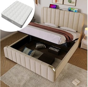 Łóżko tapicerowane dwuosobowe - 140 x 200 cm - z zagłówkiem + USB + schowek hydrauliczny - len - beżowe (z materacem)