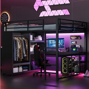 Łóżko piętrowe metalowe dla dzieci - 160 x 200 cm - z oświetleniem LED + biurko + szafa + schowek - metalowe - czarne
