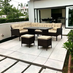 Duży zestaw mebli ogrodowych z narożnikiem Cuba 079 brąz, poduszki beżowe
