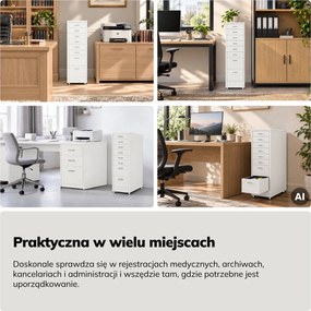 Szafka kartotekowa na kółkach, metalowa, 8 szuflad, na dokumenty, biała, 300x1100x600 mm: SARA V8