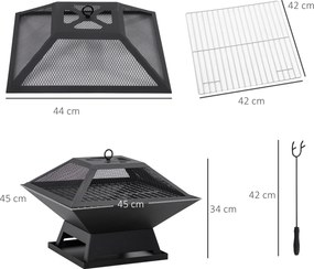 Outsunny Misa Paleniskowa z Rusztem Grillowym i Osłoną Iskier Stalowa Czarna Idealna do Ogrodu i na Kemping 45x45x34cm | Aosom PL