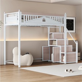 Łóżko piętrowe 90 x 200 cm z miejscem do przechowywania - Metal + Sklejka + MDF - Stelaż listwowy - Biały