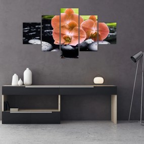 Obraz - Pomarańczowa orchidea z liśćmi palmy (125x70 cm)