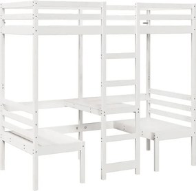 Białe piętrowe łóżko z biurkiem i krzesłami na dole 75x190 E7-H59