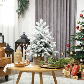 HOMCOM Mini 60cm choinka z 35 diodami LED, efekt śniegu, mini choinka stołowa z szyszkami, sztuczna choinka do dekoracji świątecznych, Biały | Aosom PL