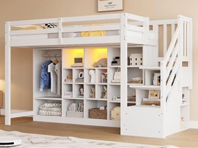Łóżko na antresoli 90x200 cm - z przegródkami do przechowywania - z szafą - z oświetleniem LED - z drabiną bezpieczeństwa - Biały