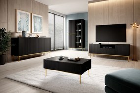 Witryna Nicole 100 cm z ryflowanym frontem - czarny mat / złote nóżki