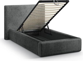 Ciemnoszare tapicerowane łóżko jednoosobowe ze schowkiem ze stelażem 90x200 cm Amy – Micadoni