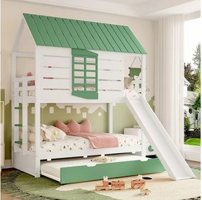 Łóżko piętrowe dla dzieci - 2 x 90 x 200 cm + 90 x 190 cm - ze zjeżdżalnią + łóżko wysuwane - MDF + sosna - zielony
