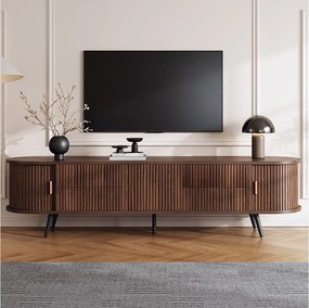 Szafka RTV owalna z pionowymi paskami - 180 x 40 x 45 cm - z 4 szufladami + 2 drzwiami przesuwnymi - MDF - ciemny orzech