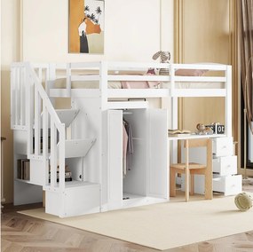 Łóżko piętrowe - 90 x 200 cm - z szafą i schodami - biurko i szuflady - sosna + płyta MDF - białe