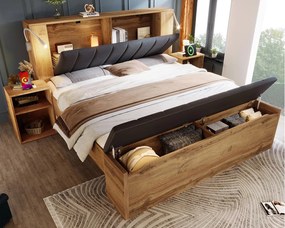 Łóżko dla dorosłych 160×200cm - z lampką do czytania + gniazdkami do ładowania + ławką z pojemnikiem - z 2 stolikami nocnymi - Naturalny