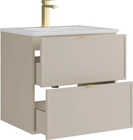 Wisząca szafka łazienkowa z umywalką wpuszczaną i baterią – beżowa – 60 cm – ONDIL