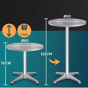 Casaria Regulowany aluminiowy stół barowy NERO Ø60 cm, srebrny
