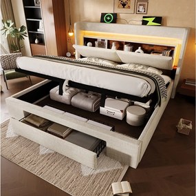 Łóżko tapicerowane hydrauliczne ze schowkiem - 160 x 200 cm - ze schowkiem na pościel w zagłówku + diody LED + USB + szuflada - len - beż