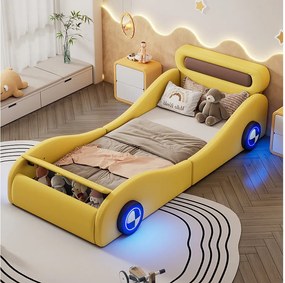 Łóżko tapicerowane w kształcie samochodu 90 x 200 cm - podświetlane koła - skóra poliuretanowa - podstawa z listew - żółte (bez materaca)