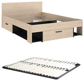 Łóżko 140 x 190/200 cm  ze skrzynią i - Naturalny i czarny + Stelaż - KINSELIA