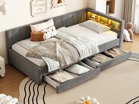 Łóżko z oświetleniem LED 90x200cm - z 2 szufladami i portami ładowania - tkanina lniana - Szary