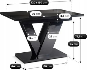 Stół Prostokątny Rozkładany CLARK 120-160 cm Czarny Połysk Glamour