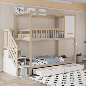 Łóżko piętrowe 90x200 cm – dziecięce Łóżko z drabinką i 2 szufladami – białe i naturalne