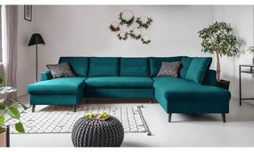 Turkusowa aksamitna rozkładana sofa w kształcie litery "U" Miuform Stylish Stan, prawostronna