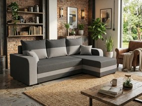 Rozkładana narożna sofa VALERIO 238x140 cm, ciemnoszara/jasnoszara, uniwersalna + 2 poduszki GRATIS