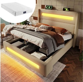 Łóżko tapicerowane ze schowkiem - 140 x 200 cm - z diodami LED + USB typu C - z materacem - len - beż
