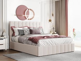 Łóżko z tapicerowanym stelażem - 140x200cm - materiał aksamitny - Beżowy