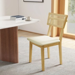 HOMCOM Krzesło jadalniane, oparcie z rattanu, siedzisko z sztucznej skóry, drewno gumowe, naturalne drewno