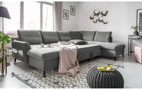 Jasnoszara aksamitna rozkładana sofa w kształcie litery "U" Miuform Stylish Stan, prawostronna