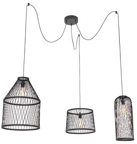 Zewnetrzna Rustykalna lampa wisząca zewnętrzna czarna rattanowa 3-światłowa - Calamus Rustykalny / Vintage Oswietlenie zewnetrzne