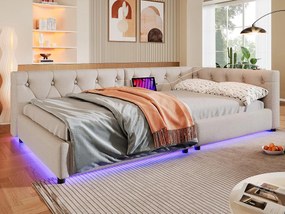 Leżanka lniana 90x200 cm - z diodami LED i portami ładowania - Beżowa