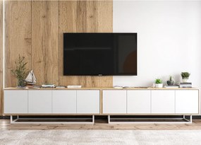 Szafka RTV z 8 drzwiami - korpus dąb wotan, fronty biały mat - 300 cm, metalowy stelaż