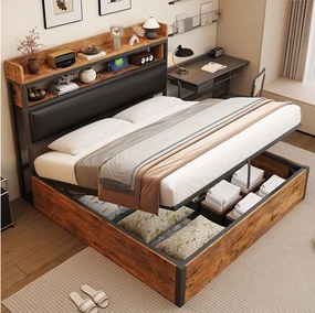 Łóżko vintage ze schowkiem - 180 x 200 - z USB + tapicerowany zagłówek ze schowkiem - Metal + tkanina + MDF - czarne