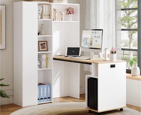 Biurko składane z wbudowanymi półkami - Biblioteczka + biurko - Gniazdko elektryczne i port USB - Regulowane półki - Biały