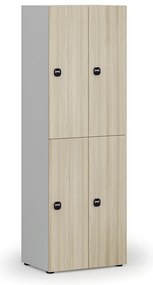 Drewniana szafka skrytkowa S4, 4 schowki, demontaż, zamek RFID, szary/dąb naturalny