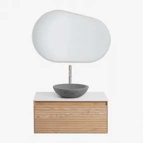 Zestaw Wiszących Mebli Łazienkowych Z Drewna Jesionowego Tedrik Popielaty Brąz & Okrągły Szary Cement Ø40 Cm - Sklum