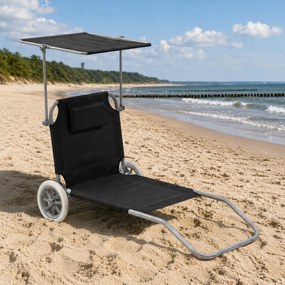 Leżak plażowy Solmare z daszkiem i kołami - składany leżak ogrodowy, czarny