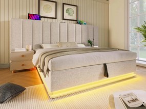 Łóżko tapicerowane z lnu 160×200cm - z LED i ładowaniem - z stelażem na listwach - Beżowe