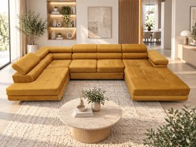 Duża sofa narożna z regulowanymi zagłówkami i pojemnikiem na pościel, złoty/musztardowy, Aspen U, lewy