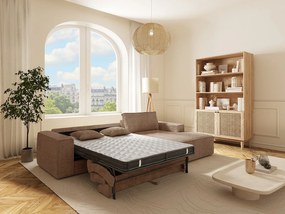 Kanapa narożna rozkładana prawostronna typu express z prążkowanego weluru w kolorze taupe - Powierzchnia spania 140 cm - Materac 13 cm z pianką memory - AMELIA