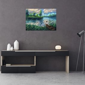 Obraz na szkle - Obraz na szkle olejny, Wczesny letni wieczór nad jeziorem (70x50 cm)