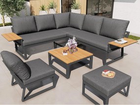 Salon ogrodowy, zestaw mebli z tworzywa drewnopodobnego na 6-7 osób - kanapa narożna - z żelaza ocynkowanego - stoły - 1 krzesło - ławka, Szary