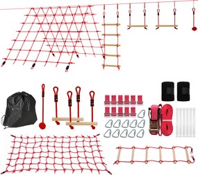 AIYAPLAY Ninja Line zestaw 10 m z siatką, pierścieniami, huśtawką i drabinką dla dzieci 3-6 lat, 1000x300x180 cm, czerwony | Aosom PL