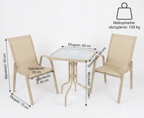 Zestaw mebli balkonowych Boston 018 - stolik szklany + 2 krzesła Texteline, kolor beżowy
