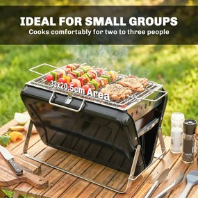 Outsunny Grill na węgiel drzewny ze stali nierdzewnej BBQ Smoker z rusztem, uchwytem, składanymi nogami do grillowania na tarasie, campingu 40x28x25,5 cm czarny | Aosom PL