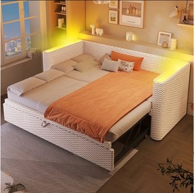 Rozkładana sofa dziecięca - 90/180 x 200 cm - z diodami LED + stelaż - aksamit - beż