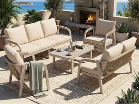 Salon Ogrodowy 7 Osób - Zestaw 5-częściowy z Kanapą 3-osobową, 2-osobową, 2 Fotelami i Stolikiem Kawowym - Pleciony Sznur - Stal Ocynkowana - Beżowy